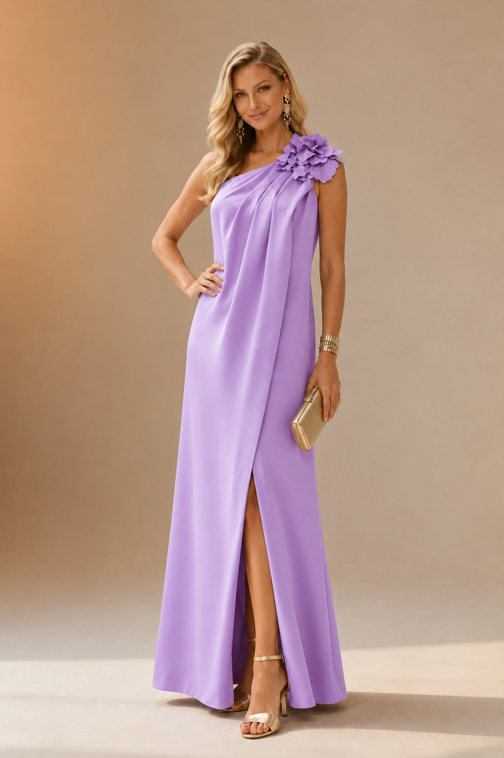lavender one shoulder maxi dress with floral detail