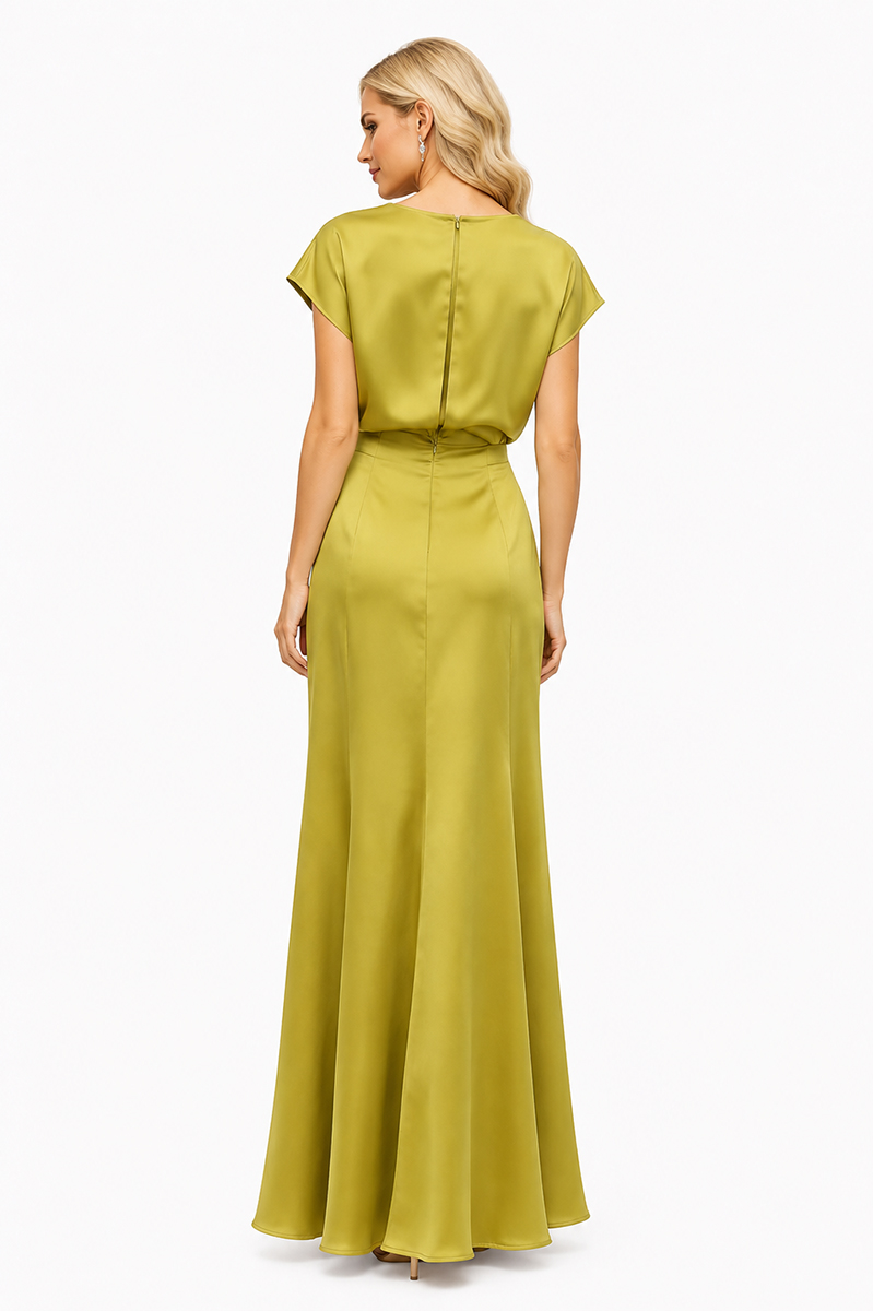 LINEA RAFFAELLI Lime Green Satin Maxi Dress with Draped Bodice - Image 2