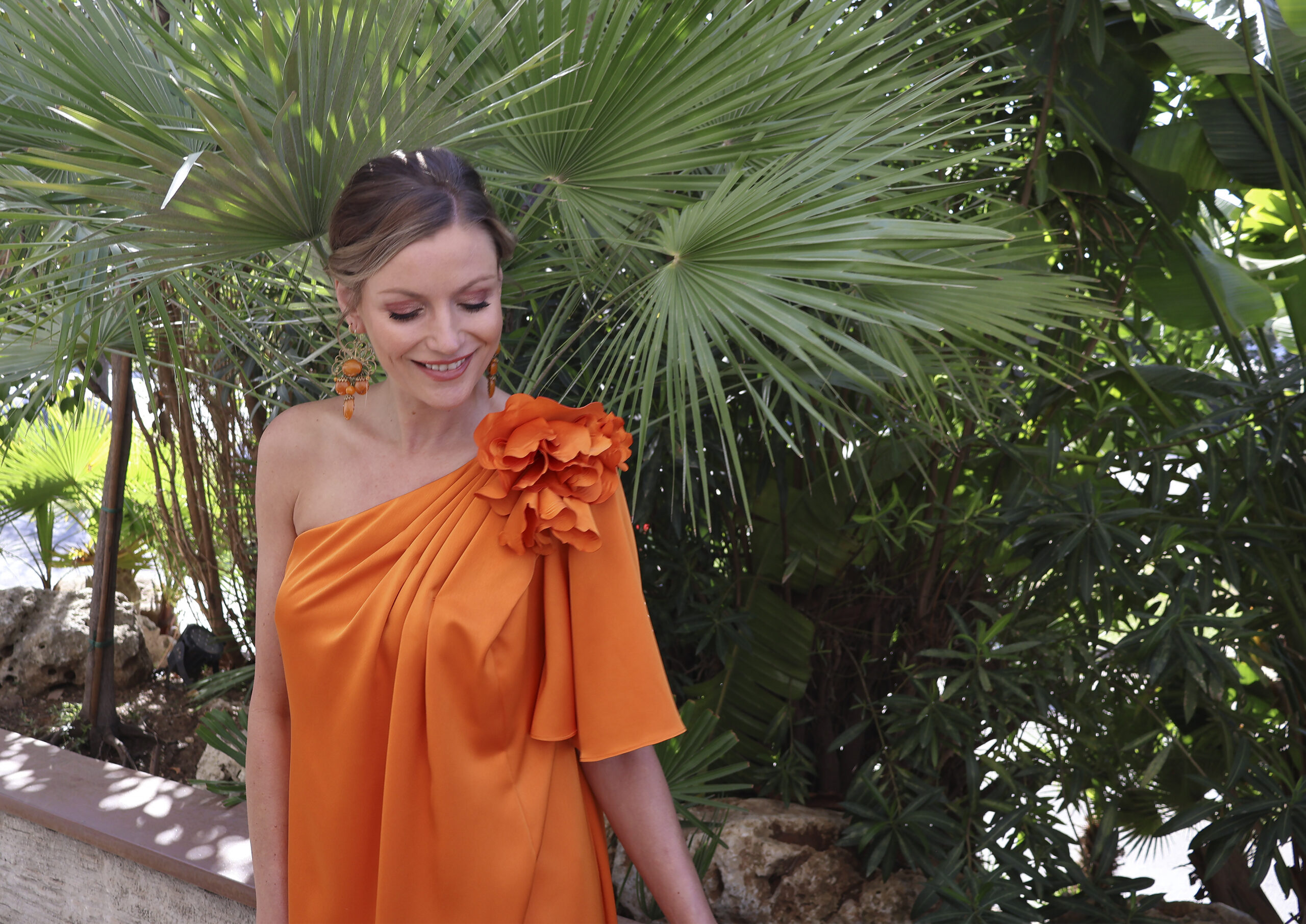 LINEA RAFFAELLI Orange One-Shoulder Maxi Dress with Floral Detail - Image 4