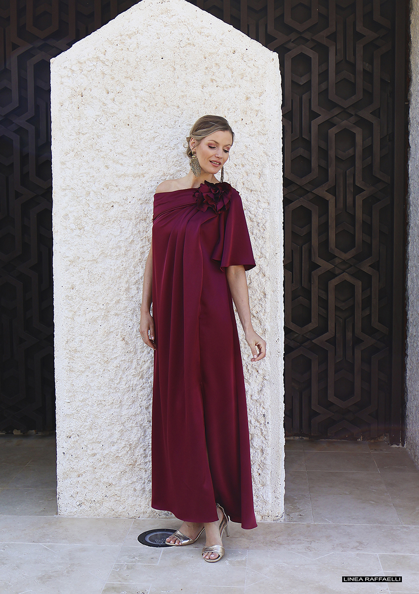 LINEA RAFFAELLI Burgundy One-Shoulder Maxi Dress with Floral Detail - Image 3