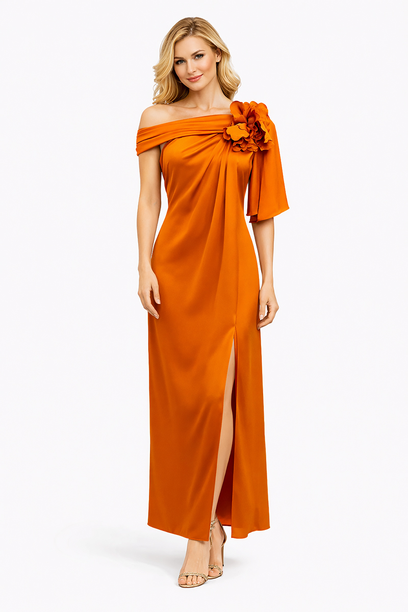 LINEA RAFFAELLI Orange One-Shoulder Maxi Dress with Floral Detail