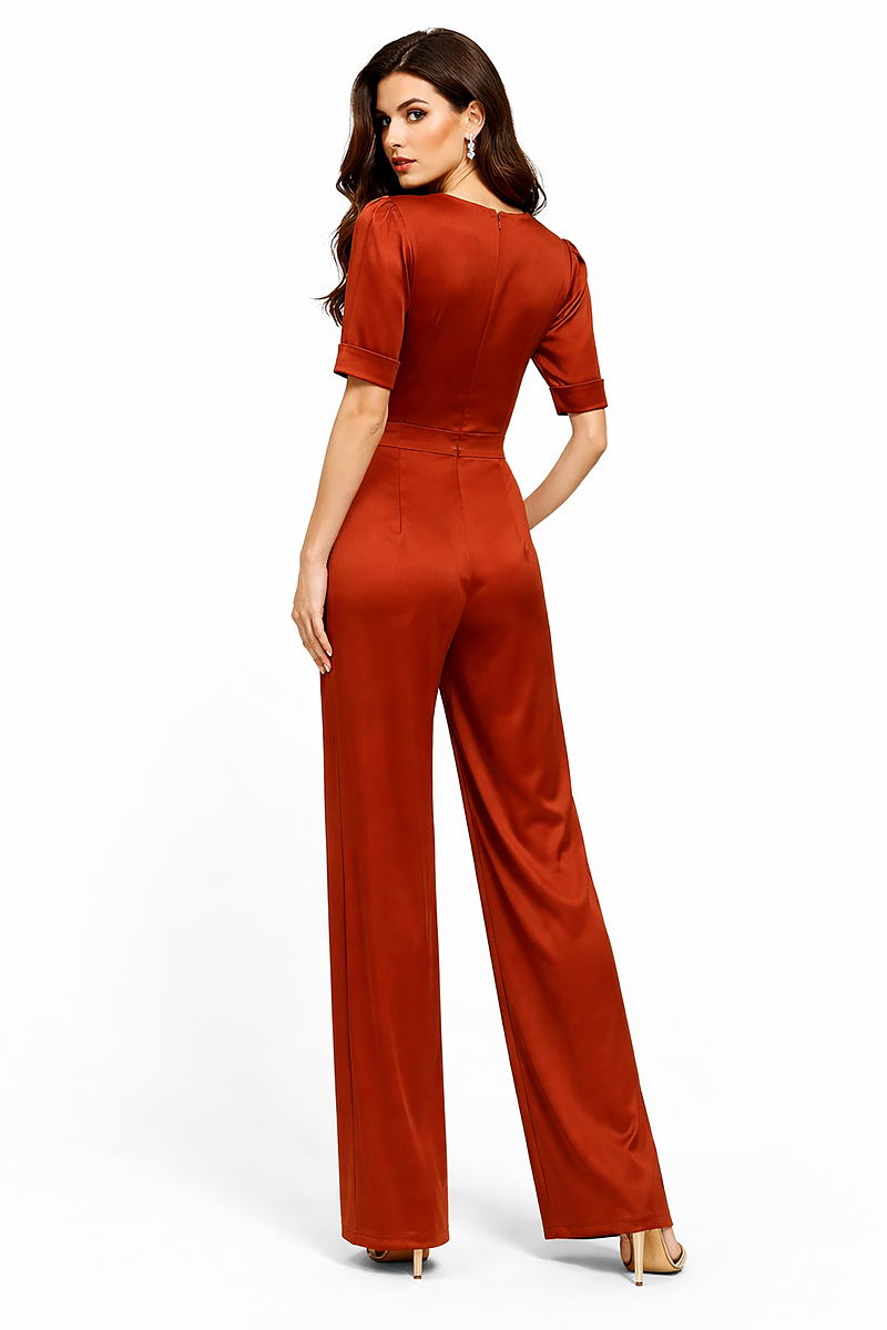 LINEA RAFFAELLI Rust Satin Jumpsuit with Feather Shoulder Detail - Image 2