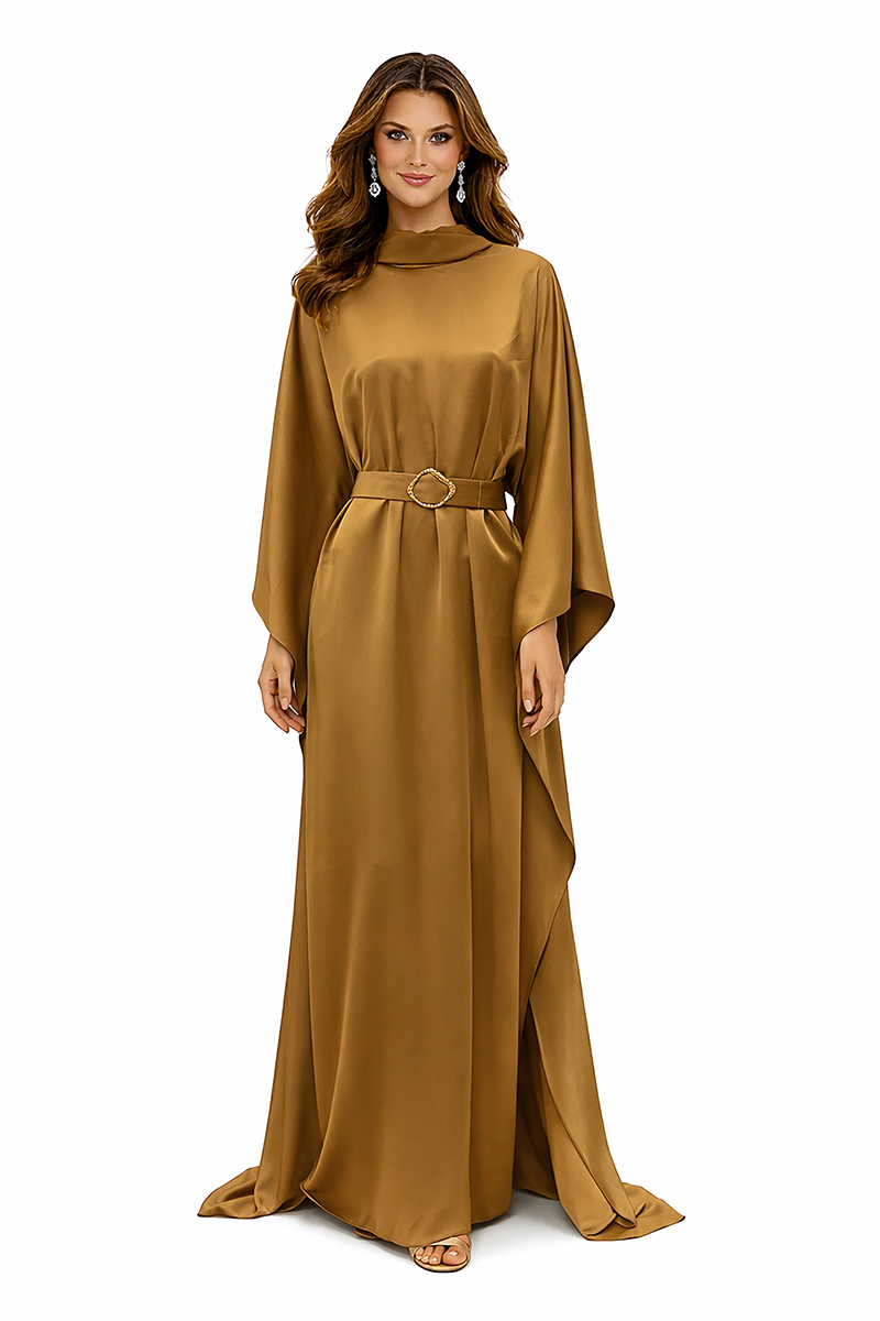 LINEA RAFFAELLI Bronze Satin Cape Maxi Dress with Belt