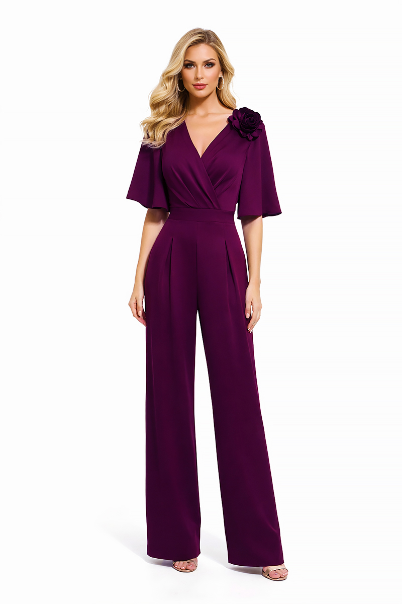 LINEA RAFFAELLI Plum Wide-Leg Jumpsuit with Floral Shoulder Detail