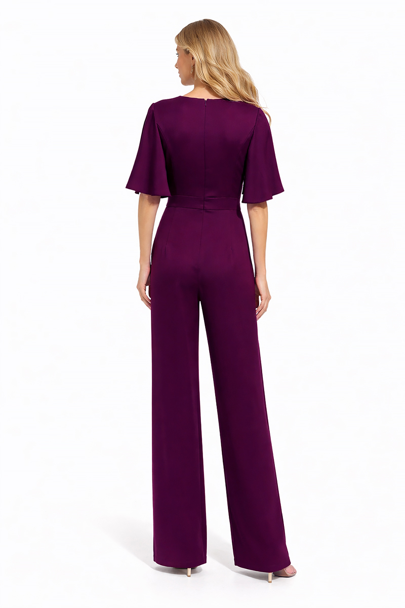 LINEA RAFFAELLI Plum Wide-Leg Jumpsuit with Floral Shoulder Detail - Image 2