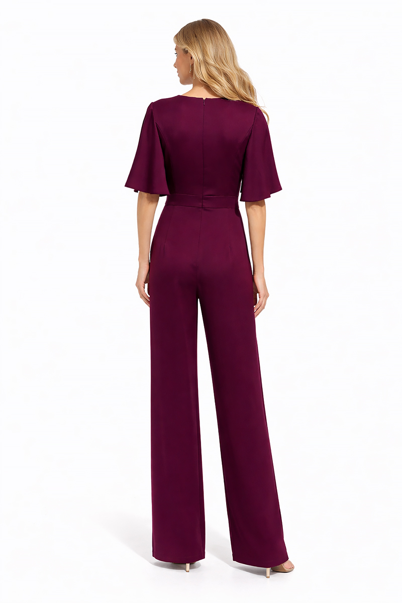 LINEA RAFFAELLI Wine Red Wide-Leg Jumpsuit with Floral Shoulder Detail - Image 2